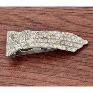Vintage Signed NEIL Rhinestone Bow Hair Barrette Silver Tone Mid Century 1940s